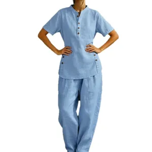 Casual linen two-piece set featuring a short-sleeve button-up shirt and wide-leg pants.