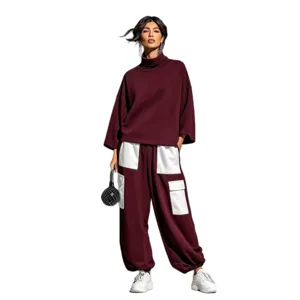 Women High Neck Sweatshirt And Contrast Pocket Cargo Pants Two Piece Set Autumn Casual