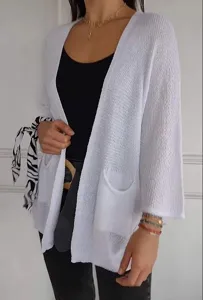 Elegante Damen weiße Waffelstrick Strickjacke mit offener Front und Dreiviertelärmeln Oberteil
