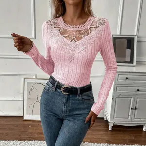 Γυναικείο Fashion Casual Long Sleeve V-Neck Lace Patchwork Ribbed Knit Pullover Top Slim Fit Autumn Winter Everyday Wear