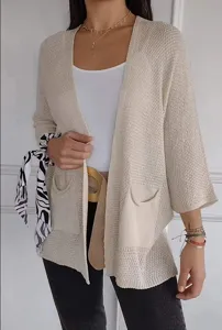 Lässiger Waffelstrick-Cardigan mit Dreiviertelärmeln und offenem Vorn-Design für Damen.