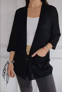 Schwarze Damen Waffelstrick Cardigan, 3/4 Arm lässiger offener Front Pullover Detailansicht.