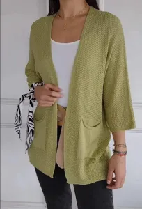 Damen grüne Waffelstrick 3/4 Arm lässige offene Front Cardigan Jacke Detailansicht
