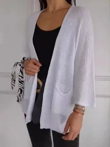 Damen Casual Waffelstrick Offene Front Cardigan Jacke Dreiviertelarm Einfarbig Regular Fit Taschen Herbst Oberbekleidung
