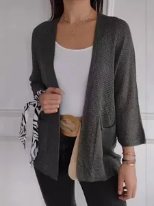 Damen Waffelstrick lässige offene Strickjacke Mantel 3/4 Ärmel Alltag Kleidung Oberbekleidung