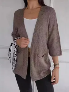 Damen lässige Waffelstrick Strickjacke offene Vorderseite mit Taschen Dreiviertelarm