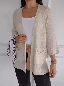 Damen Waffelstrick 3/4 Arm Freizeit Cardigan Offene Front Beigefarbene Oberbekleidung