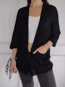 Damen schwarze Strickjacke mit 3/4 Ärmeln, lässiger Cardigan für den täglichen Stil