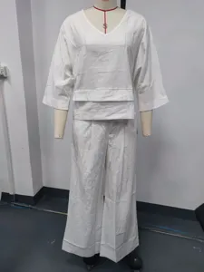 Women casual solid color cotton linen two piece set V neck top wide leg pants