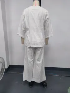 Detailed back view of the casual solid color cotton linen two-piece lounge wear set.