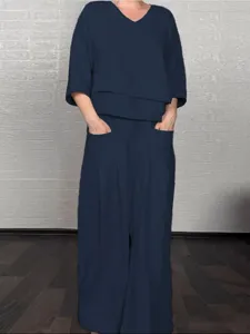 Women casual solid color loose cotton linen two piece set V neck top wide leg pants
