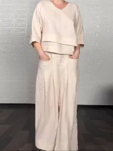 Women casual solid color linen two piece set V neck top wide leg pants summer daily wear