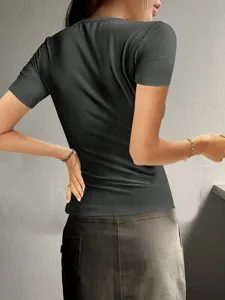 Damen Kurzarm geripptes schmal geschnittenes Stricktop einfarbig Freizeit Basic Shirt