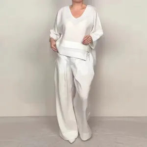 Women Casual Solid Color V-Neck Three-Quarter Sleeve Top And Long Pants Loose Plus Size Cotton Blend Top And Bottom