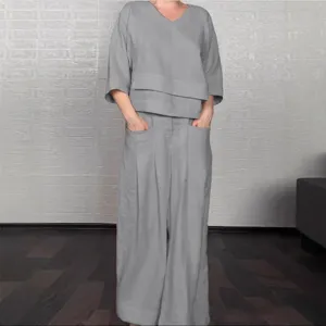 Women linen casual loose two piece set v neck top and wide leg pants solid color outfit