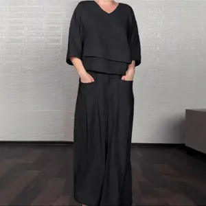 Women casual solid color plus size irregular cotton linen two piece set main view fashion