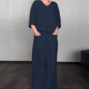 Women casual solid color linen two piece set with v neck top and wide leg trousers