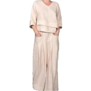 Womens casual linen two piece set oversized solid color v neck top and wide leg pants