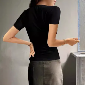 Damen Kurzarm geripptes Stricktop schmale Passform schwarz lässig T-Shirt Hauptansicht
