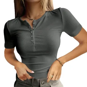 Damen Kurzarm geripptes Stricktop schmale Passform lässiges Knopfleiste Basic Shirt.