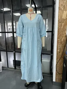 Light blue casual V-neck lace-trimmed linen cotton midi dress for women, comfortable loose fit.