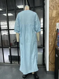 Casual loose V-neck lace spliced linen cotton long dress for daily wear and summer style.