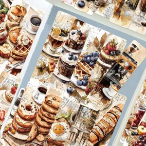 Vue détaillée de 30 marque-pages vintage sur le thème du café, illustrations de desserts.