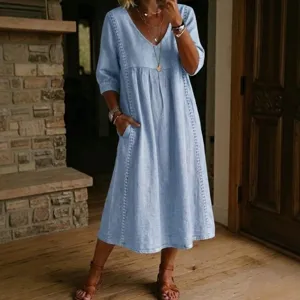 Women Casual V Neck Lace Patchwork Linen Polyester Dress Loose Fit Short Sleeve A Line Maxi Dress With Pockets