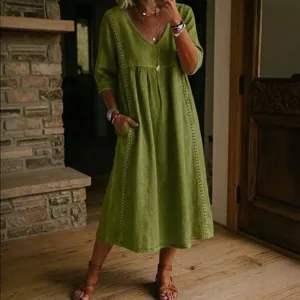 Casual loose V-neck linen cotton midi dress with lace trim and pockets for women.