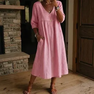 Casual loose V-neck lace spliced linen cotton midi dress with pockets for women main view