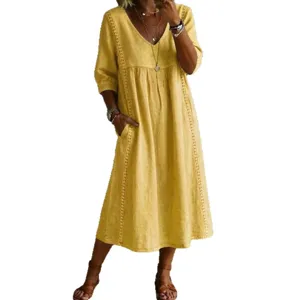Casual loose V-neck cotton linen midi dress with lace trim pockets for women daily wear