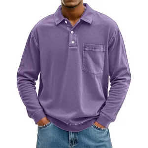 Herren Casual Einfarbiges Langarm-Polohemd Mit Brusttasche Mode Revers Knopfkragen Polyester Top Für Business Daily Herbst