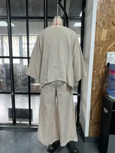 Casual cotton linen batwing sleeve top and wide leg pants set, comfortable loose fit.