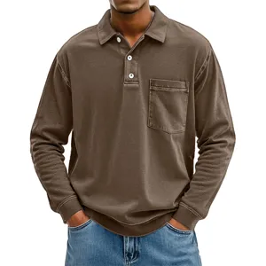 Herren Langarm einfarbig Polohemd Detail mit Brusttasche und klassischem Reverskragen Stil.