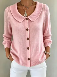 Damen rosa Strickjacke Pullover mit Puppenkragen und Knöpfen für Herbst Winter Mode.