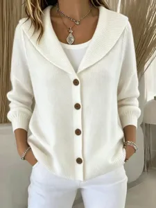 White knit cardigan sweater with lapel collar and brown buttons for women winter fashion