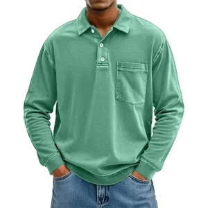 Herren Langarm Polohemd Detailansicht, einfarbiges Freizeittop mit Brusttasche und Reverskragen.