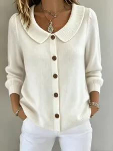 Damen einfarbige gestrickte Revers-Cardigan mit braunen Knöpfen, lässiger Langarmpullover.