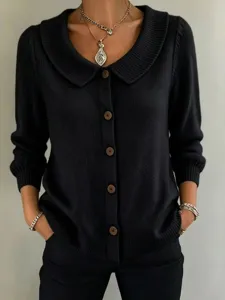 Einfarbiger Strickpullover mit Revers für Damen, lässiger Knopfcardigan Oberteil.