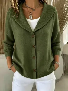 Olive green knitted cardigan featuring a stylish lapel collar and brown buttons for autumn.