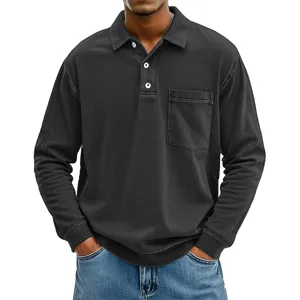 Herren langarm einfarbig Polo-Shirt Detailansicht mit Brusttasche und Reverskragen.