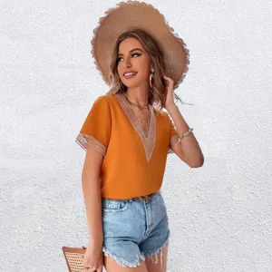 Women's V-neck lace trim short sleeve blouse casual summer top for daily commuter wear.