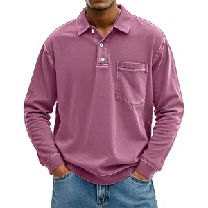 Herren Langarm Poloshirt, Detailansicht von Kragen, Brusttasche und Waschung Design.