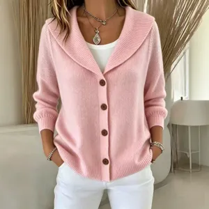 Women Wool Blend Knit Cardigan Sweater Button Up Lapel Collar Solid Color Loose Fit Long Sleeve Knitwear Top