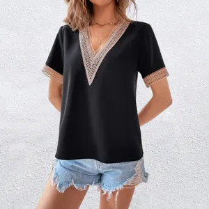 Women casual black short sleeve blouse with elegant lace trim V-neck design for summer fashion.