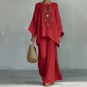 Women Cotton Linen Top And Bottom Batwing Sleeve Wide Leg Pants Suit Casual Loose Solid Color Slouchy Bohemian Outfit