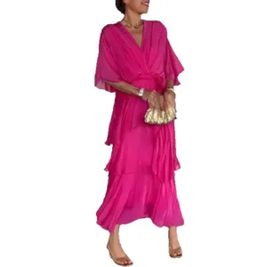 Fuchsiaroze V-hals chiffon gelaagde maxi jurk vleermuismouwen elegante zomerse outfit.