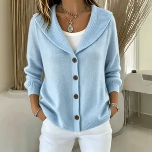 Women's light blue knit cardigan sweater with shawl lapel and brown buttons for autumn winter.