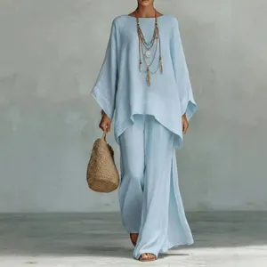 Casual loose cotton linen batwing sleeve top wide leg pants set light blue two piece outfit