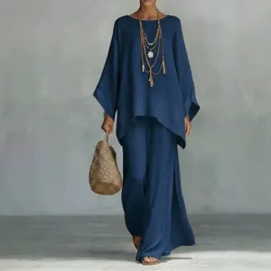 Casual linen blend batwing sleeve top and wide leg pants set for women, comfortable loose fit.